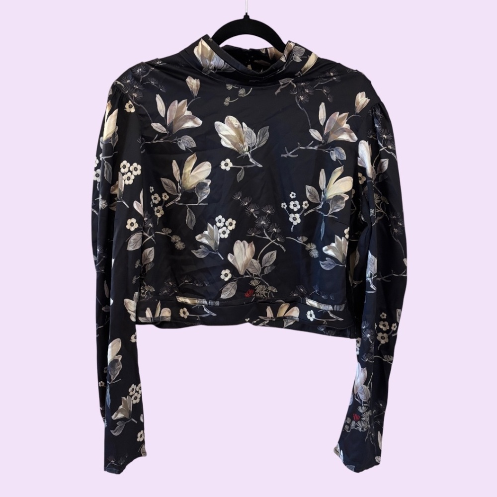 GUESS Black Floral Long Sleeve Mock Neck Top XL